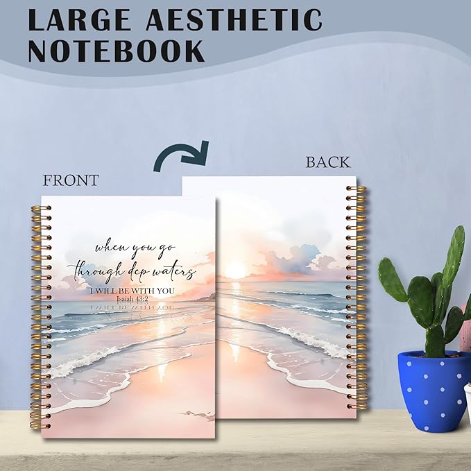 Coastal Christian Spiral Notebooks, Isaiah 43:2 Bible Journal, Scripture Journals for Writing, Christian Gifts for Women Men, Religious Notebook for Note Taking, 5.5x8.3 Inch