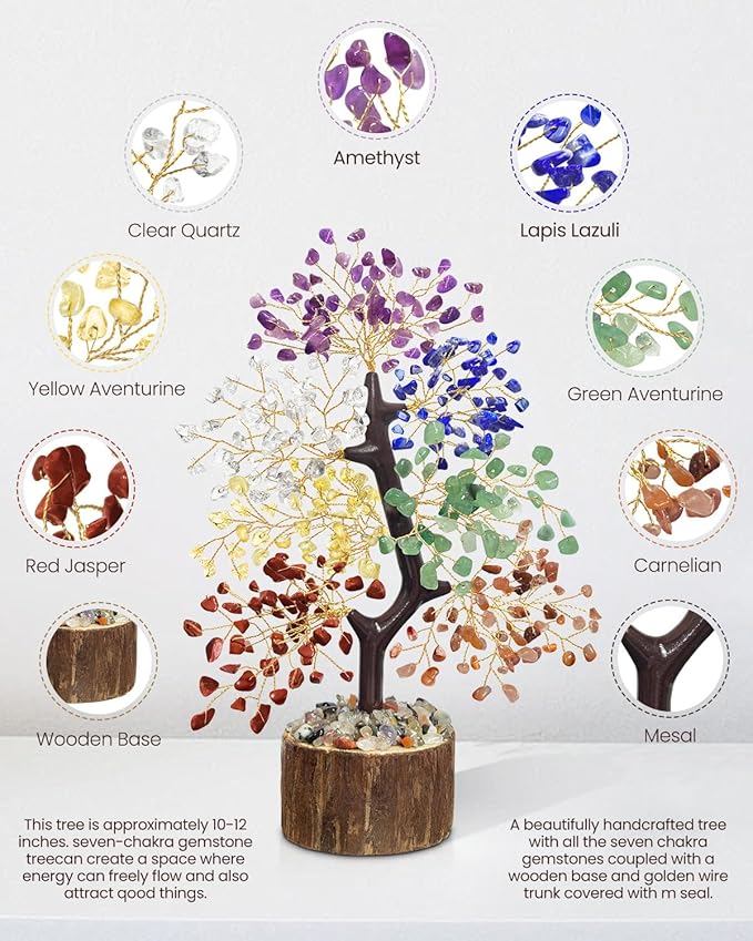 7 Chakra Crystal Tree of Life - Unique Birthday Gifts for Women, Healing Crystal Trees for Home Decor, Office Desk Decor, Positive Energy Spiritual Crystals and Healing Stones, Thumb Worry Stone