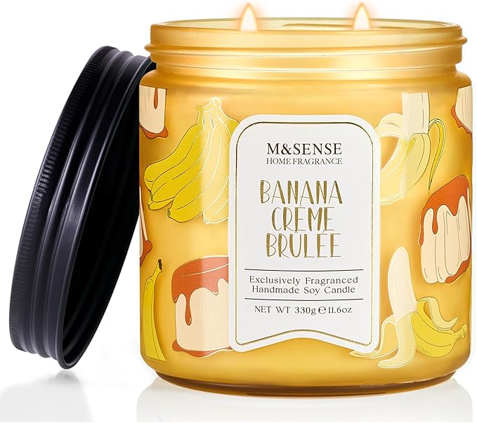 M&SENSE Banana Cream Pudding Scented Candle, 11.6oz Natural Soy Wax, 70 Hours Long Lasting Clean Burn, Holiday Jar Candle for Home Decor, Non-Toxic Relaxing Aromatherapy Gifts for Women