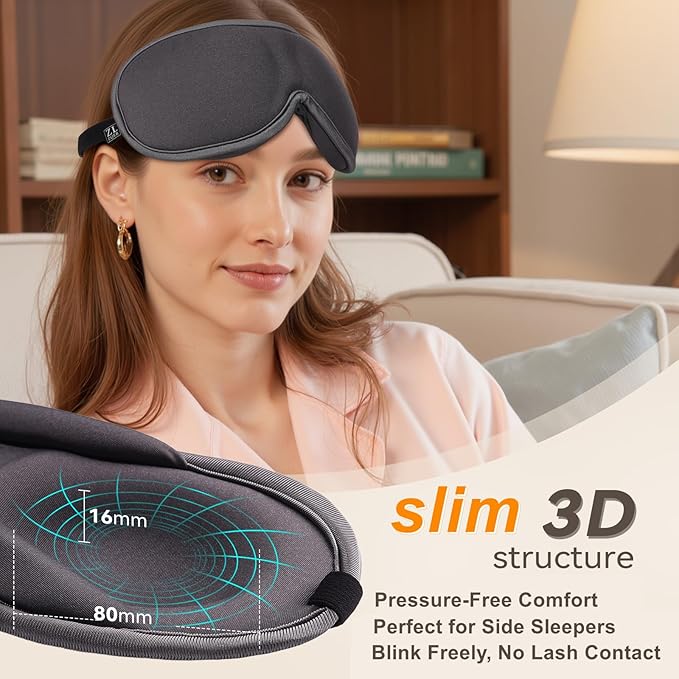 3D Sleep Mask Blackout – Ultra-Slim & Lightweight Design, Eye Mask for Sleeping, Side Sleeper Sleep Mask for Men Women, Travel Nap Meditation Airplane,Night time,Soft, Breathable (Gray)