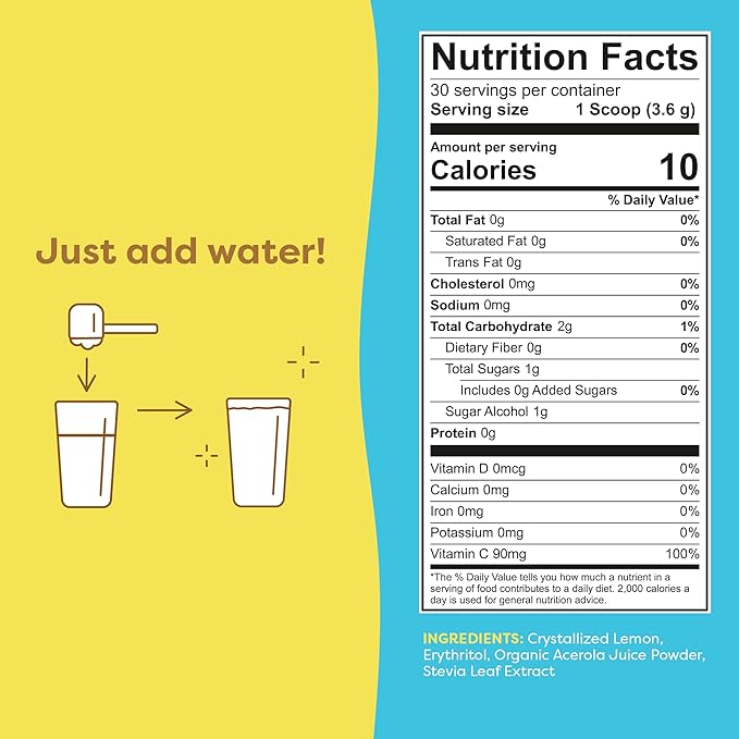 FlavCity Superfood Lemonade Drink Mix - Sugar-Free Lemonade Powder with Real Crystallized Lemon & Organic Acerola - 100% DV Vitamin C - Keto, Gluten-Free, Non-GMO (30 Servings)