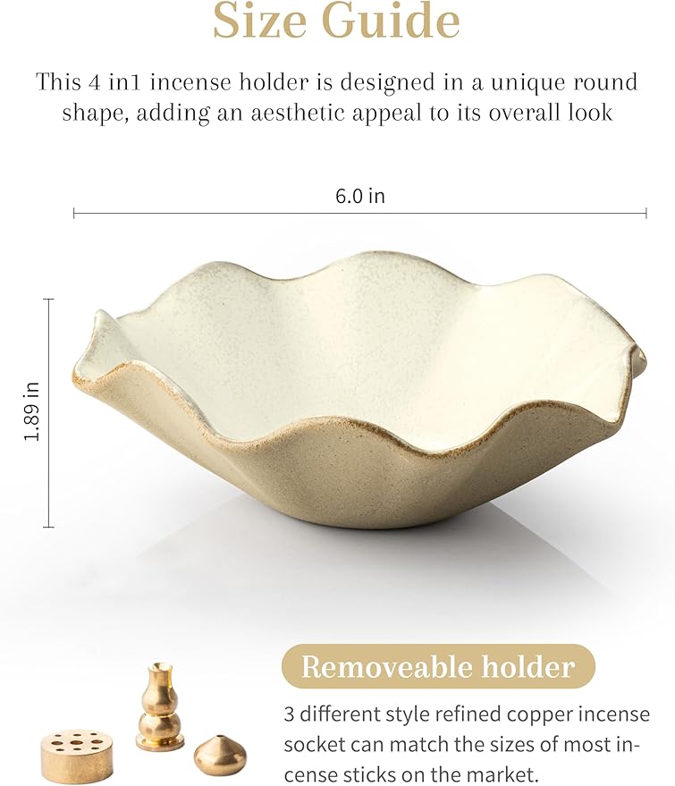 4 in 1 Incense Holder Incense Burner with 3 Incense Sockets, 6 Inch Incense Holder for Sticks, Lotus Cone Incense Bowl, Incense Stick Holder for Meditation Yoga Home, White