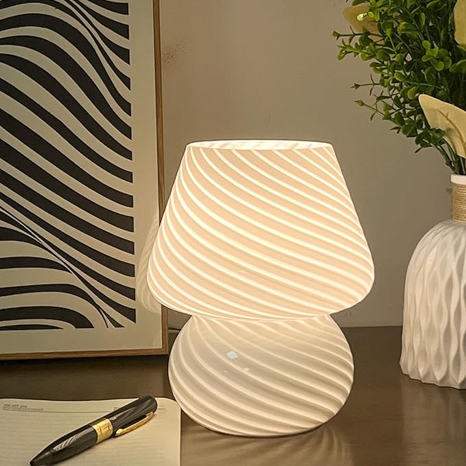 jonong Bedside Lamp Glass Striped Mushroom Table Lamp 110V Creative Gift Night Light (White)