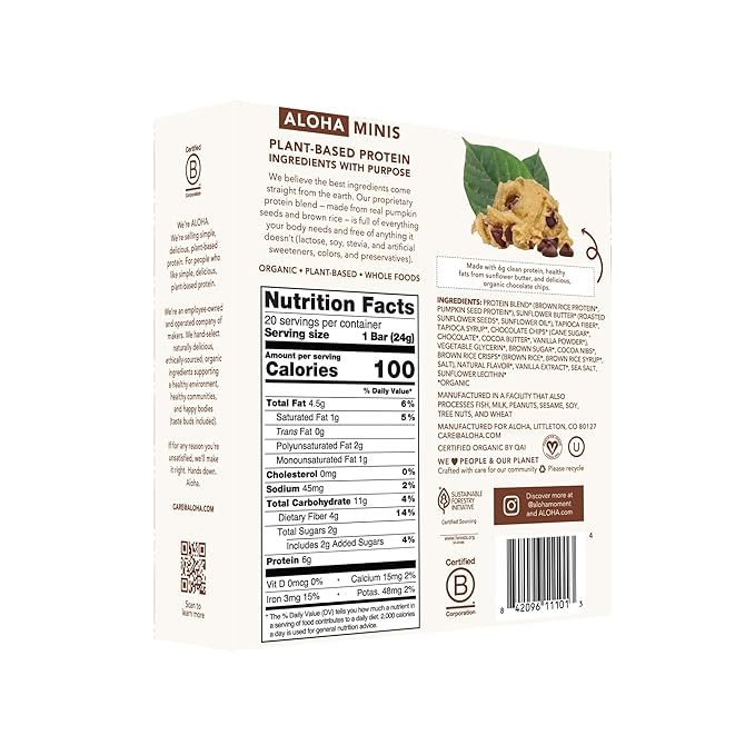 ALOHA Organic Plant Based Protein Bar MINIS |Chocolate Chip Cookie Dough| 20 Count, 24g Bars | Vegan, Low Sugar, Gluten Free, Paleo, Low Carb, Non-GMO, Stevia Free, Soy Free, No Sugar Alcohols