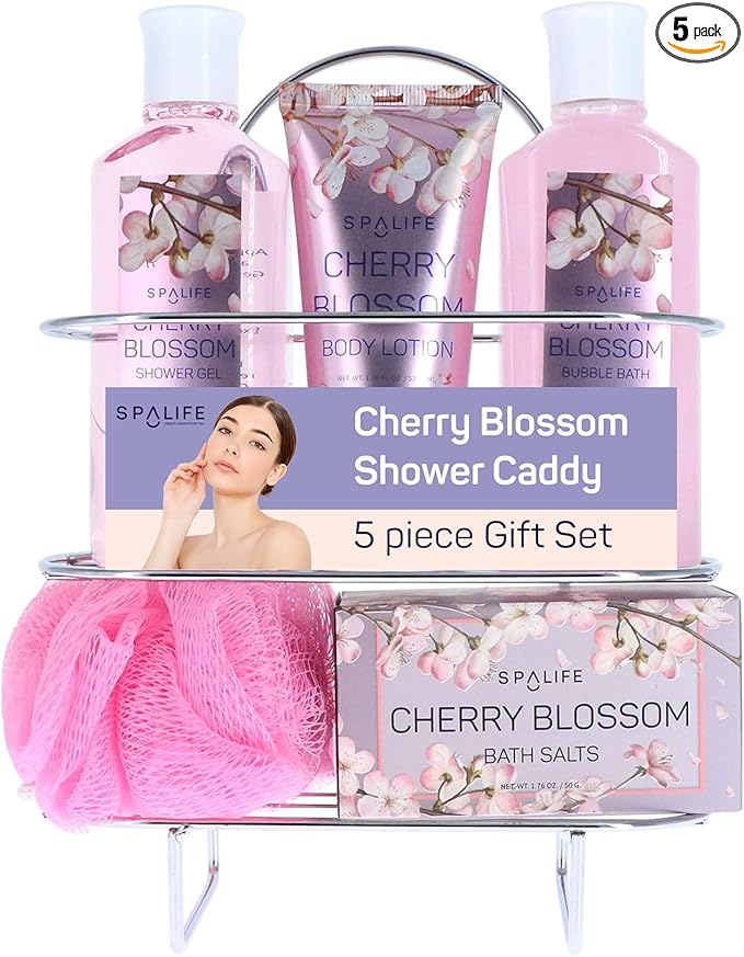 SpaLife Cherry Blossoms Gift Set - 5-Piece Bath and Shower Caddie, Bubble Bath, Shower Gel, Bath Salts, Body Lotion, Relaxing Luxury at Home Spa Experience, Perfect Mother's Day Bath Gift for Women