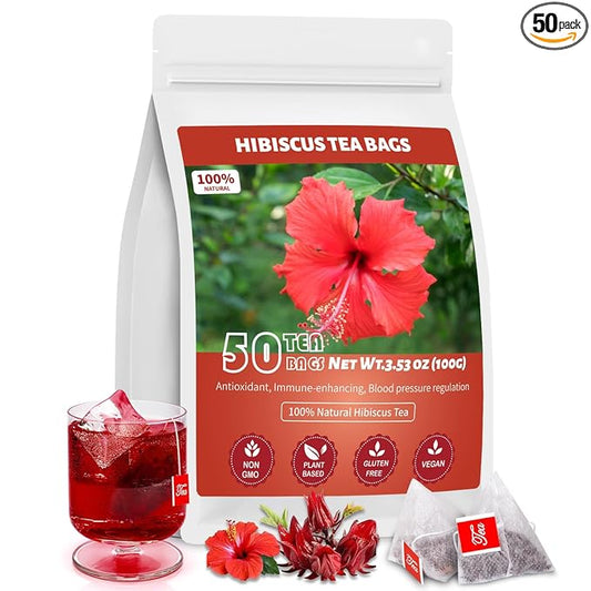 Hibiscus Tea Bags, 100% Natural Hibiscus Flowers Herbal High Blood Pressure Tea Bags, No Sugar/Gluten, Caffeine Free-50 Count (Pack of 1)