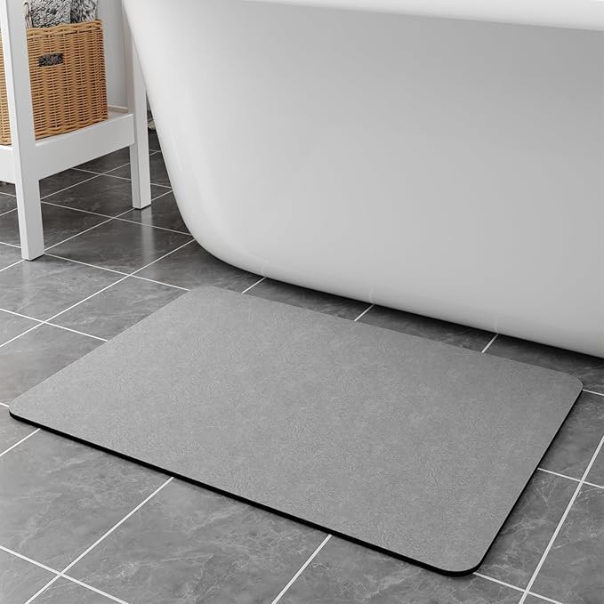 Bath Mat Rugs 32x17 - Diatomaceous Earth Bath Mat Quick Dry Absorbing Bathroom Rugs Rubber Non Slip Thin Bathroom Mat Fit Under Door, Bath Mat for Bathroom Floor, Tub and Shower, Sink, Grey
