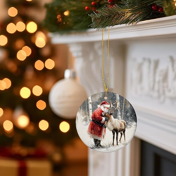 Christmas Santa Reindeer Ceramic Ornament Gifts, Rustic Winter Santa Claus Reindeer Decorative Hanging Ornaments for Xmas Tree Holiday Party Decoration, Winter Xmas Tree Decorations