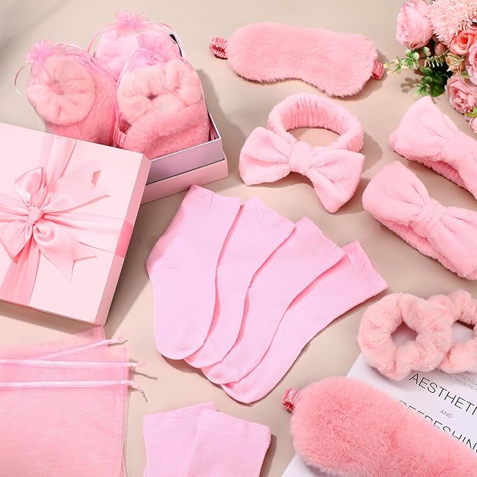 30 Pcs Spa Party Favors Sleepover Party Supplies Include 6 Bow Headbands 6 Eye Masks 6 Pink Socks 6 Scrunchies 6 Organza Bags for Girls Women Slumber Spa Birthday Bachelorette Pajama Gifts