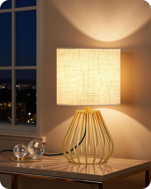 Bedside Table Lamp, 12.6'' Small Table Lamp with Beige Linen Lampshade & Gold Teardrop Cage, Modern Small Little Cute Desk Lamp for Bedroom, Living Room, 2700K LED Bulb Included DE06TL05