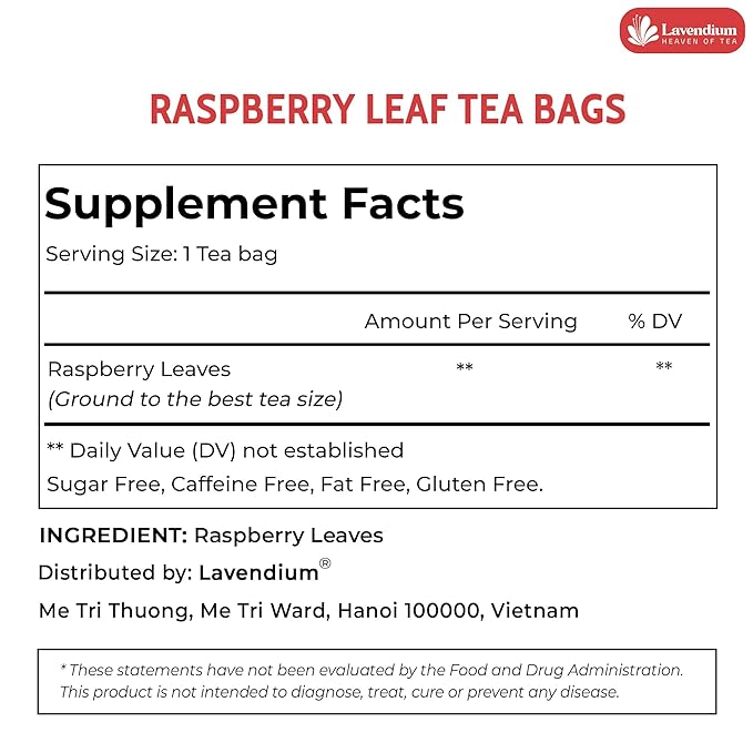 Lavendium, Premium 60 Raspberry Leaf Tea Bags, 100% Natural & Pure. Loose Leaf Raspberry Herbal Tea. No Sugar, No Caffeine, No Gluten, Vegan.