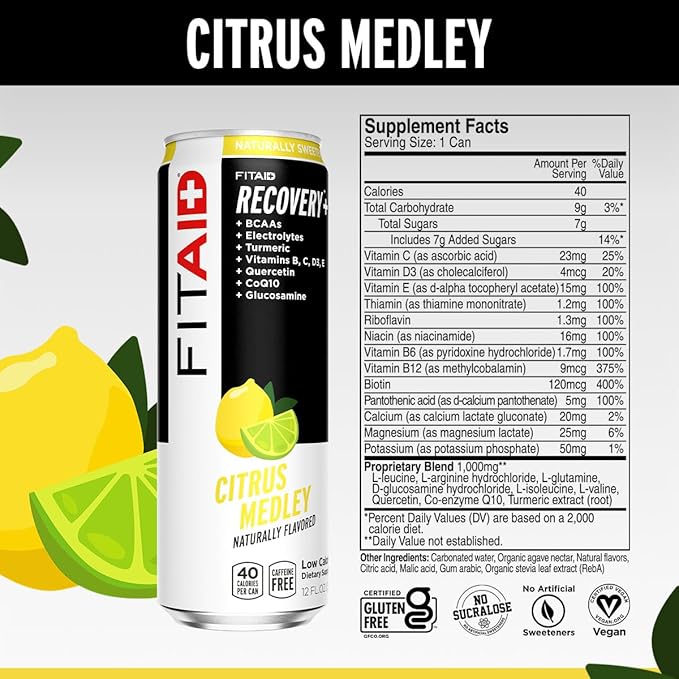 FITAID Recovery Blend, Number 1 Post-Workout Recovery Drink, BCAAs, Electrolytes, Full Vitamin B Complex, Paleo, Vegan & Gluten-Free, Lightly Carbonated, 12 Fl Oz (Pack of 4)