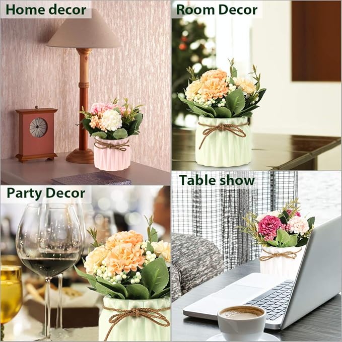 Artificial Hydrangea Bouquet with Small Ceramic Vase Fake Silk Variety Flower Balls Flowers Decoration for Table Home Party Office Wedding (White)