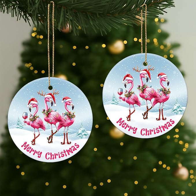 34HD Flamingo Christmas Ornament Ceramic 2-Side Printed, Flamingo Gifts for Men Women, Christmas Hanging Decorations