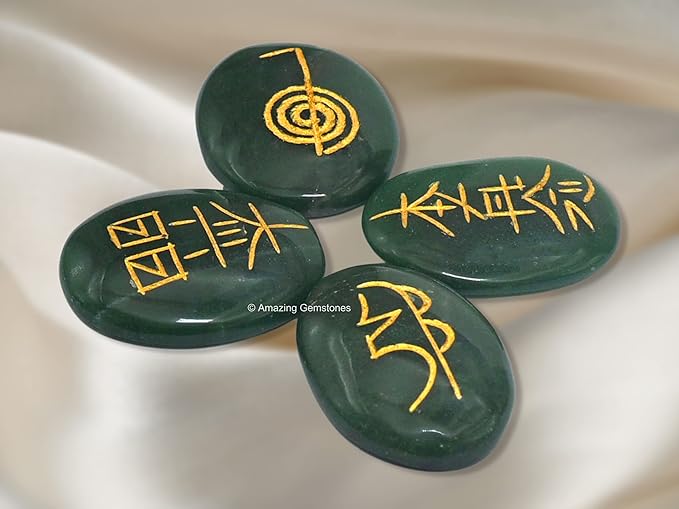 Amazing Gemstone Green Aventurine Crystal Reiki Stones with Engraved Symbols for Usui Reiki Healing, Set of 4 Pcs (Indian Handmade Reiki Gift Set)