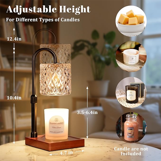 Candle Warmer Lamp with Timer -Dimmable Adjustable Height Wax Melt Warmer for Jar Candles,Vintage Home Decor with Elegant Amber Glass,Birthday Gifts for Women, Mom, Friend
