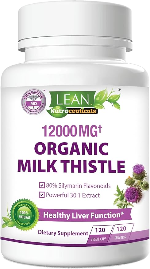 Liver Cleanse Detox & Repair, Organic Milk Thistle 12000 Mg 120 Day Support Supplement, 30X Seed Extract with Silymarin Pills, MD Pure Herbal Kidney Lung Health Fast Active Aid Formula 120 Capsules