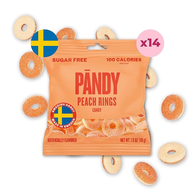 Pandy Swedish Candy Peach Rings Sugar Free Candy 14 Bags. - Swedish Candy Mix - Diet Candy Keto Gummy Low Calorie Snacks - Foam Jelly Sweets No Sugar - Peach flavour Diet Candy Keto Sugar Free Gummy 14 x 1.8oz