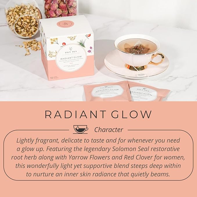 Tily Tea Radiant Glow Herbal Tea - Natural Tea to Support Skin Nourishment - Solomon Seal for A Glowing Complexion - Caffeine Free - 10 Plastic-Free Tea Bags