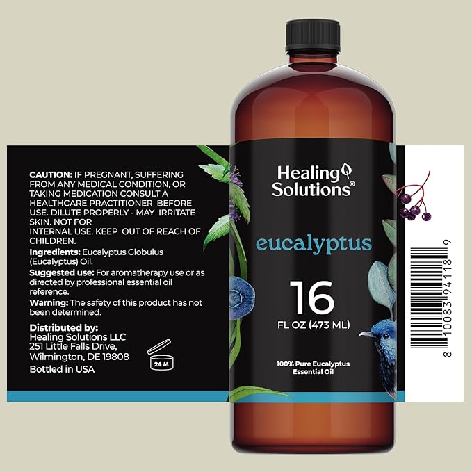 Healing Solutions Eucalyptus Essential Oil - 16oz Pure Bulk Bottle for Diffusers, Home Care, Candles, Aromatherapy - Fragrance Oil Spray