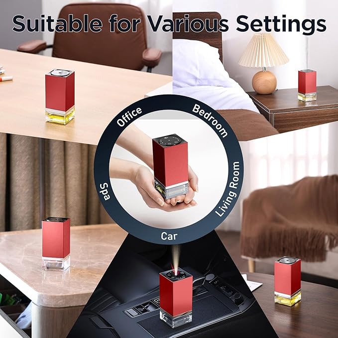 Essential Oil Diffuser – 50ml Capacity Nebulizer Waterless Diffuser, Portable, Battery Operated, Scent Air Machine for Home 4 Mist Settings 1/2/8H Timers （Includes Essential Oils and Adapter）C01-1 Red