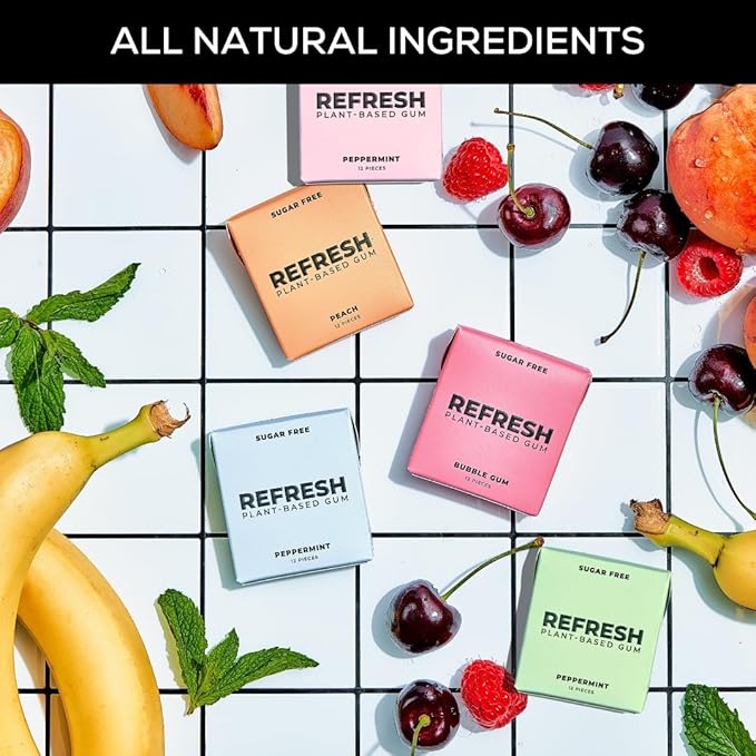 Refresh Gum, Xylitol, Natural, Sugar Free, Chewing Gum, Plastic Free, Natural Flavors & Organic Ingredients, Non GMO, Gluten Free, Vegan, 12 Count (Pack of 5), Sampler Pack