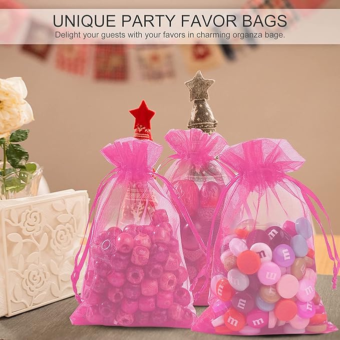 ANZNKU 100PCS Sheer Pink Organza Bags 5x7 inch Mesh Bags Drawstring, Small Mesh Gift Bag for Makeup, Mesh Bag Drawstring, Organza Favor Pouches for Party Wedding Mesh Festival