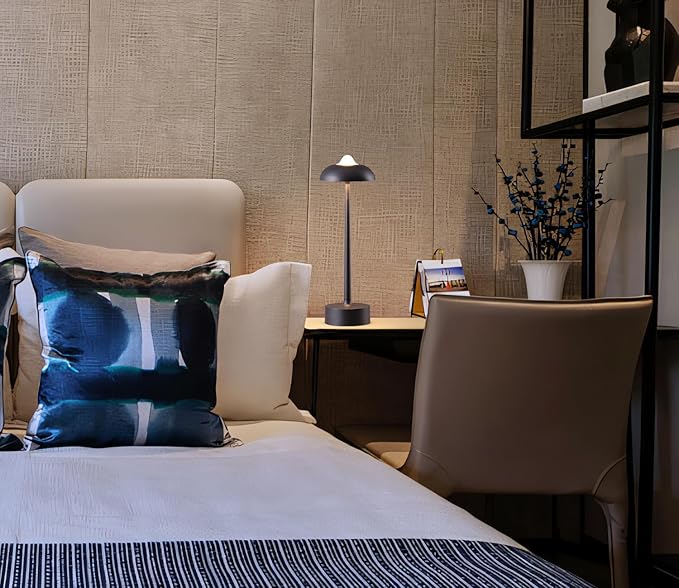 DAWALIGHT Rechargeable LED Desk Lamp - Battery Powered (USB Charging), IP54 3-Color & Brightness Stepless Dimming, 10H Runtime - Portable Aluminum Night Light for Camping, Bedroom, Patio (Black)