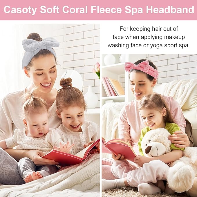 Casoty 6 Pcs Skincare Spa Headband Make Up Headbands, Bow Hair Band, Soft Coral Fleece Facial Headbands for Washing Face, Towel Head Band for Face Washing Shower Skin Care Yoga