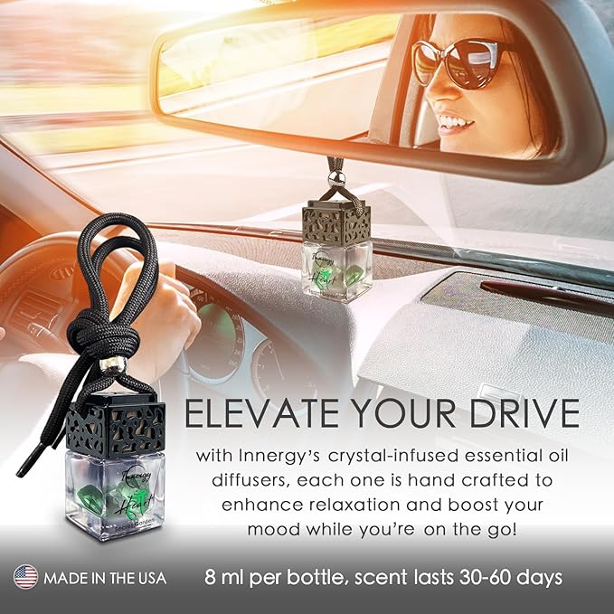 Innergy Heart Chakra Crystal Infused Car Air Freshener - Portable 8 ml. Hanging Essential Oil Diffuser For Vehicle, Long-Lasting Fragrance, Eco-Friendly Design, Freshness On The Go!