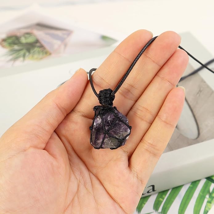 Handmade Natural Gemstone Crystal Pendant Necklace Stone Holder Necklace Cord Net Necklace with Adjustable Length for Women Men