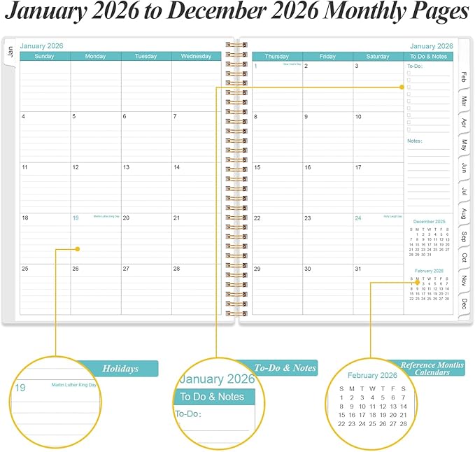 2026 Daily & Monthly Planner - One Page Per Day, Daily Planner from January 2026 - December 2026, Planner 2026 with 12 Monthly Tabs, 8.5" x 11", Teal Flower