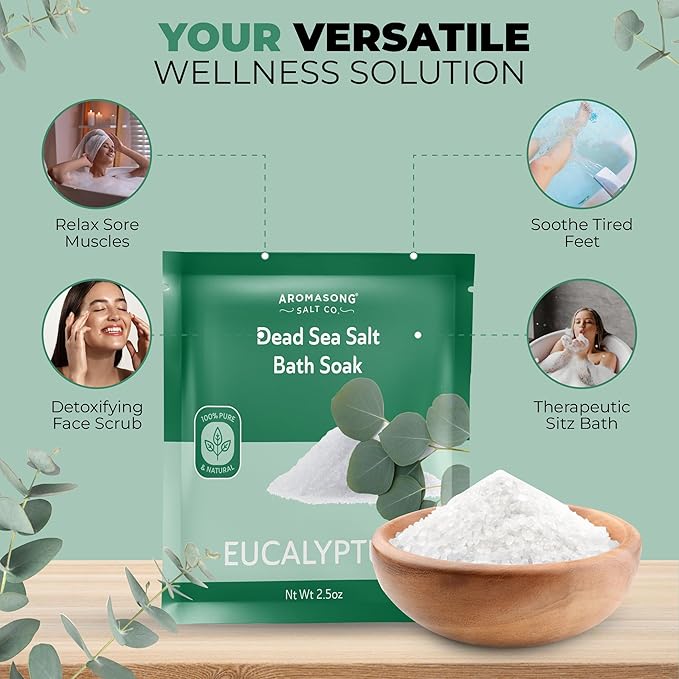 Aromasong Pure Dead Sea Salt 100% Natural Eucalyptus Essential Oil – 2.5 oz. Spa Bath Salt Fine Grain- Christmas Stocking Stuffers for Adults, Kids, Women, and Mens soak Stocking Stuffers for Adults