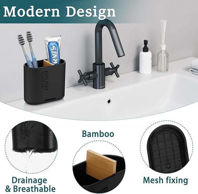Toothbrush and Toothpaste Holder with Bamboo Divider for Bathroom Countertop Organizer, Detachable for Easy Clean, 2 Slots Electric Toothbrush Holders Storage Caddy Drainage for Family-Black