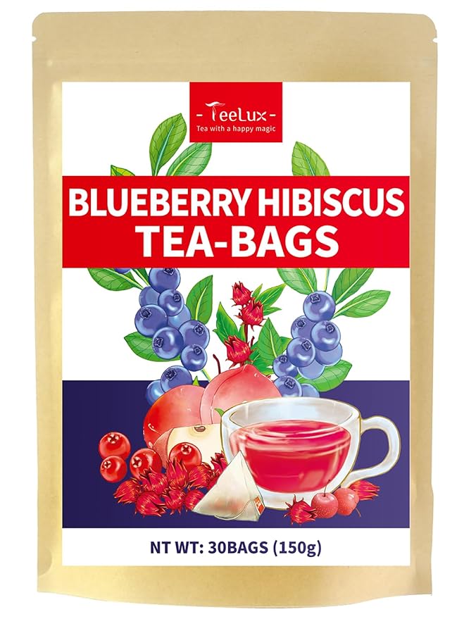 TeeLux Blueberry Hibiscus Tea Bags, 5g/bag, Hibiscus with Cranberry, Blueberry, Peach, Apple, Hibiscus, Hawthorn, Caffeine Free, Light Sweet & Tarty Taste, 30 Count