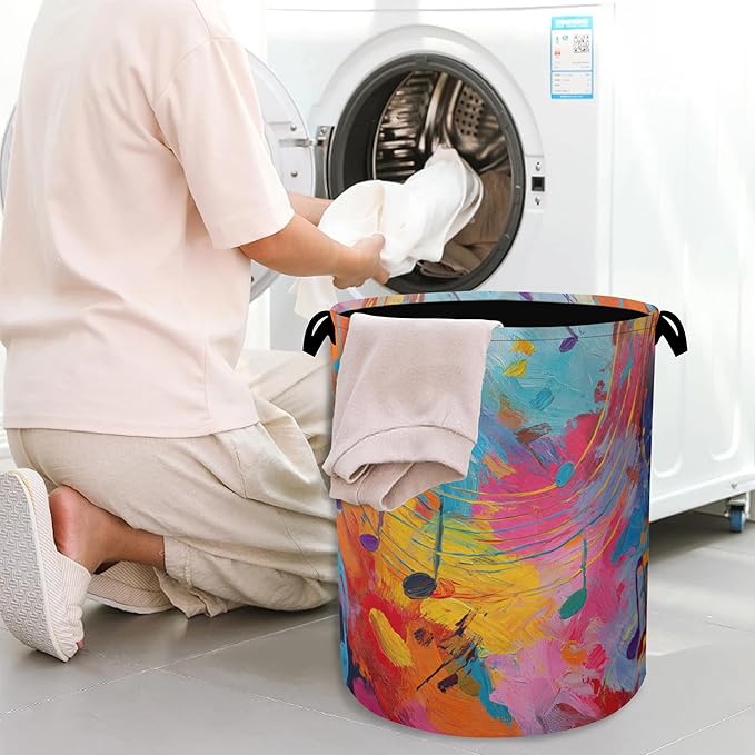 Colorful Music Symbols Laundry Basket,Foldable with Handles Tote Bag Oxford Cloth for Bathroom Bedroom Dirty Clothes Storage Bucket 16" x 20.8"