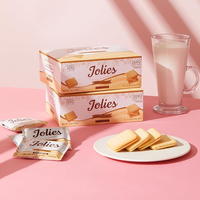 ChocZero Chocolate Cookies, White Chocolate Jolies, Gluten Free, No Added Sugar, 20 Crispy Chocolate Filled Keto Cookies Per Box, 8 Ounce (Pack of 1)