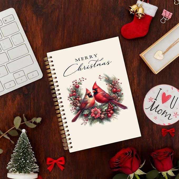 Exqcom Christmas Red Cardinal Spiral Notebook Gifts, Winter Red Holly Berries Botanical Bird Holiday Journal for Women, Merry Christmas Hardcover Notebook Journal Office School Supplies, 5.5x8.3 Inch