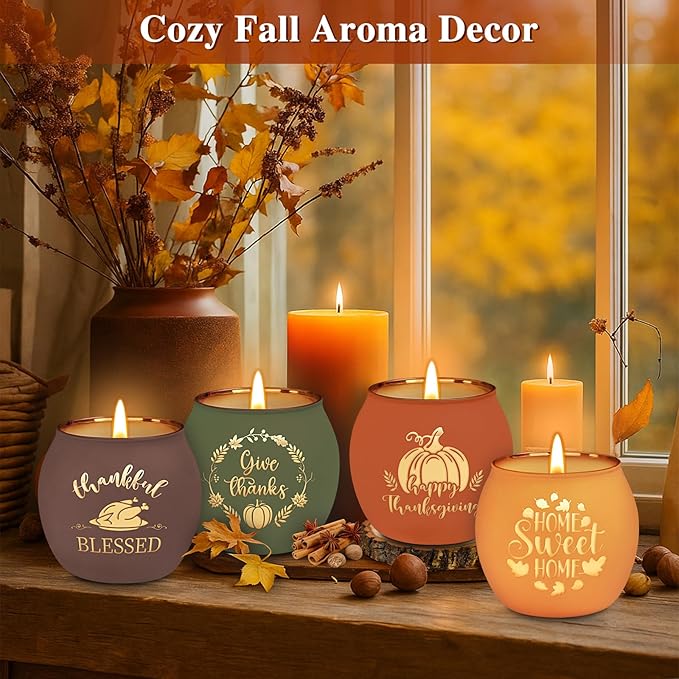 Lanpn Fall Thanksgiving Scented Candles Gift Set, 4 Pack 16oz Fall Aromatherapy Candle, Glass Jar Candles for Woman Man, Autumn Pumpkin Fragrance Table Farmhouse Decoration Tabletop Centerpiece