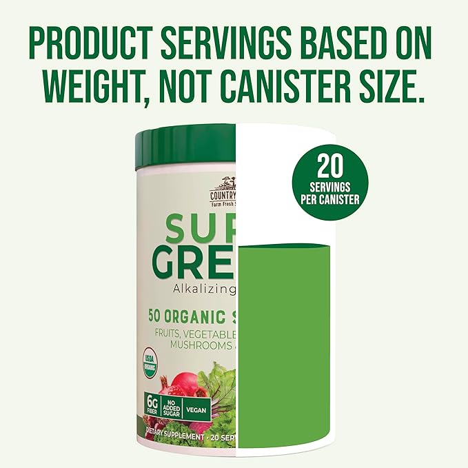 Country Farms Organic Super Greens Natural Flavor, 50 Organic Super Foods, Packed with Fiber, USDA Organic Drink Mix, Fruits, Vegetables, Mushrooms & Probiotics, Supports Energy, 6g Fiber