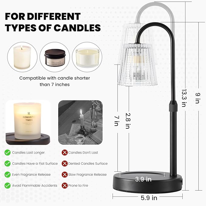 Candle Warmer Lamp,with Timer & Dimmer(3Bulbs),Candle Lamp Warmer Height Adjustable,Gifts for New Home,House Warming Gift,Birthday Gifts for Women/Daughter/Mom/Friend-Black