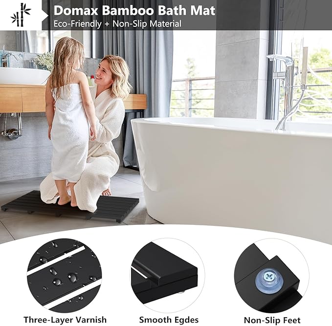 Domax Wooden Bamboo Bath Shower Mat- Non-Slip Waterproof Large Bathroom Floor Mat for Indoor Outdoor (Black, 31.3 x 18.1 x 1.5 Inches)