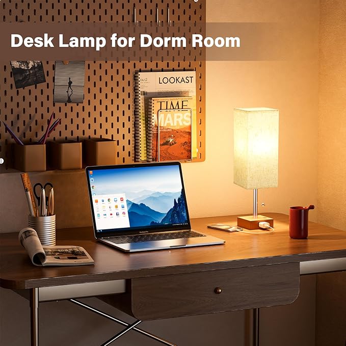 Fenmzee Table Lamp for Bedroom Set of 2 Nightstand - 3 Color Bedside Lamps with AC Outlets for Charging, Square Wooden Night Stand Light Lamp for Living Room, Office Desk