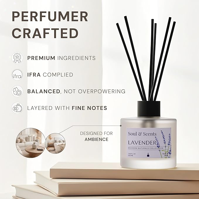 Soul & Scents Reed Diffuser Set – Lavender | 7.43 oz Refillable Scented Oil with 6 Fiber Sticks | Long-Lasting Home Fragrance & Air Freshener for Bedroom, Bathroom, Office | Gift & Décor Piece