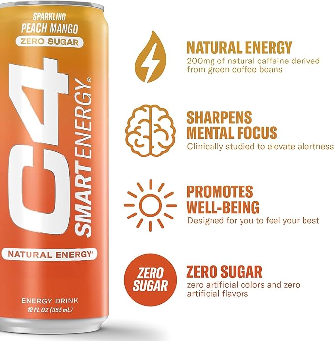 Cellucor C4 Smart Energy Drink ‚ Boost Focus and Energy with Zero Sugar, Natural Energy, and Nootropics - 200mg Caffeine - Peach Mango (12oz Pack of 12)
