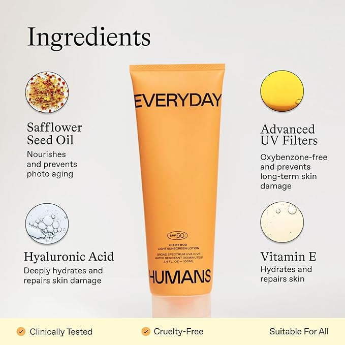 Everyday Humans Oh My Bod SPF50 Sunscreen Body Lotion 3.4 oz | Travel Ultra Light & Invisible SPF | Sweat & Water Resistant | Doesn't Sting Eyes | UVA/UVB Broad Spectrum Protection | Oxybenzone Free