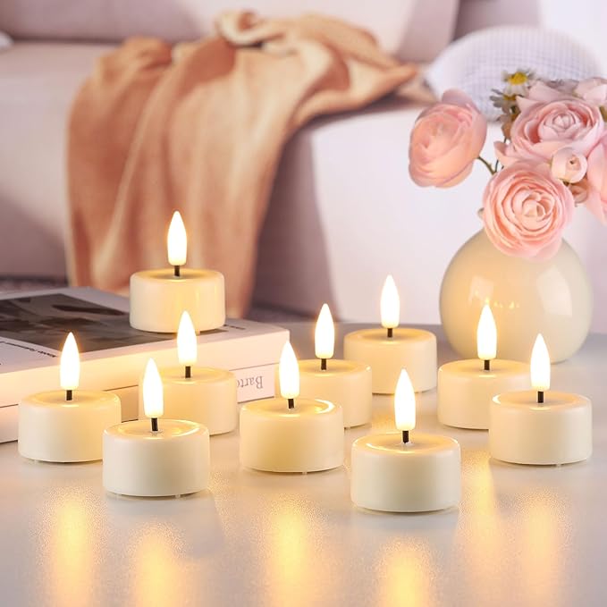 Eywamage Ivory Flameless Wax Tealights with Remote Batteries, Realistic Flickering LED Tea Votive Candles Set of 10