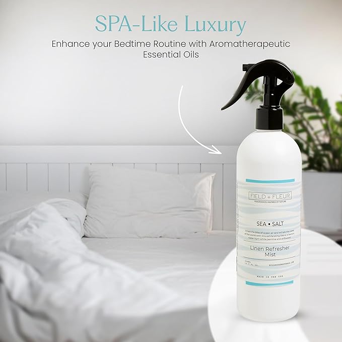 FIELD FLEUR Sea Salt Linen & Room Spray 15.5 oz - Aromatic & Refreshing Bedding & Fabric Mist - Air Freshener for Clothes & Sofas - Notes of Lemon, Water Lily, Jasmine & Driftwood - Made in USA