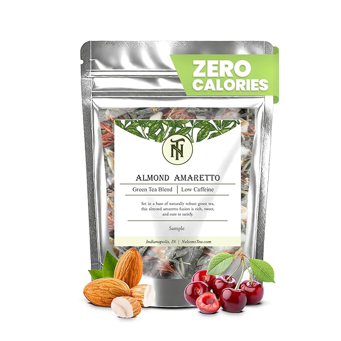 Nelson's Tea Almond Amaretto - Herbal Green Loose Leaf Tea, Curated Blend with Sencha Green Tea, almonds, Dried Cherries, and Safflower - Perfect for Bedtime Brew (Sample 0.3 Oz)