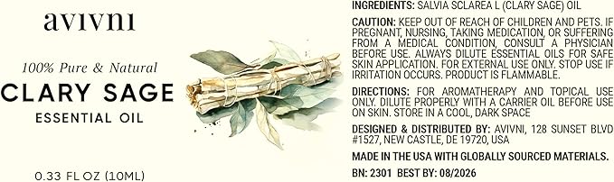 Avivni Clary Sage Essential Oil - 100% Pure & Natural, Organic, Undiluted for Aromatherapy, Muscles, Skin, Diffuser (0.33oz - 10ml)